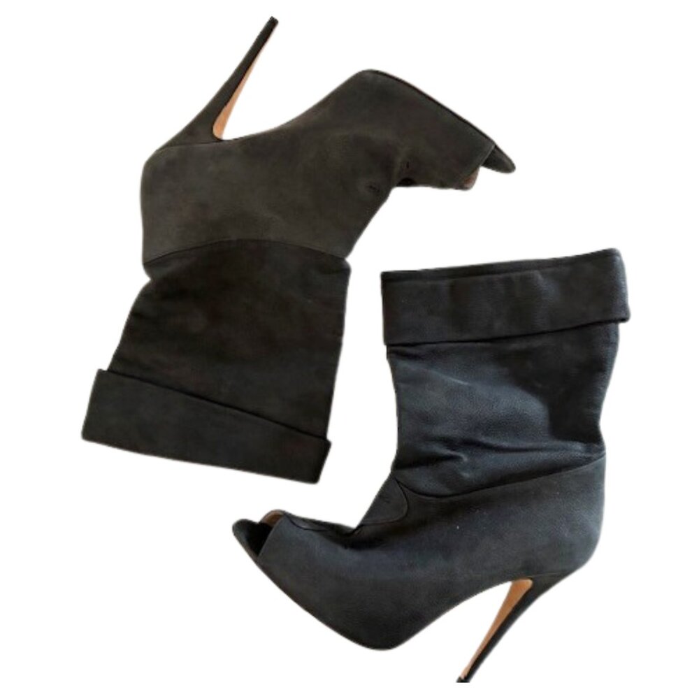 Manolo Blahnik Graphite Peep-toe Scrunch Mid Calf Boots | 4.75" Heel | Size 39